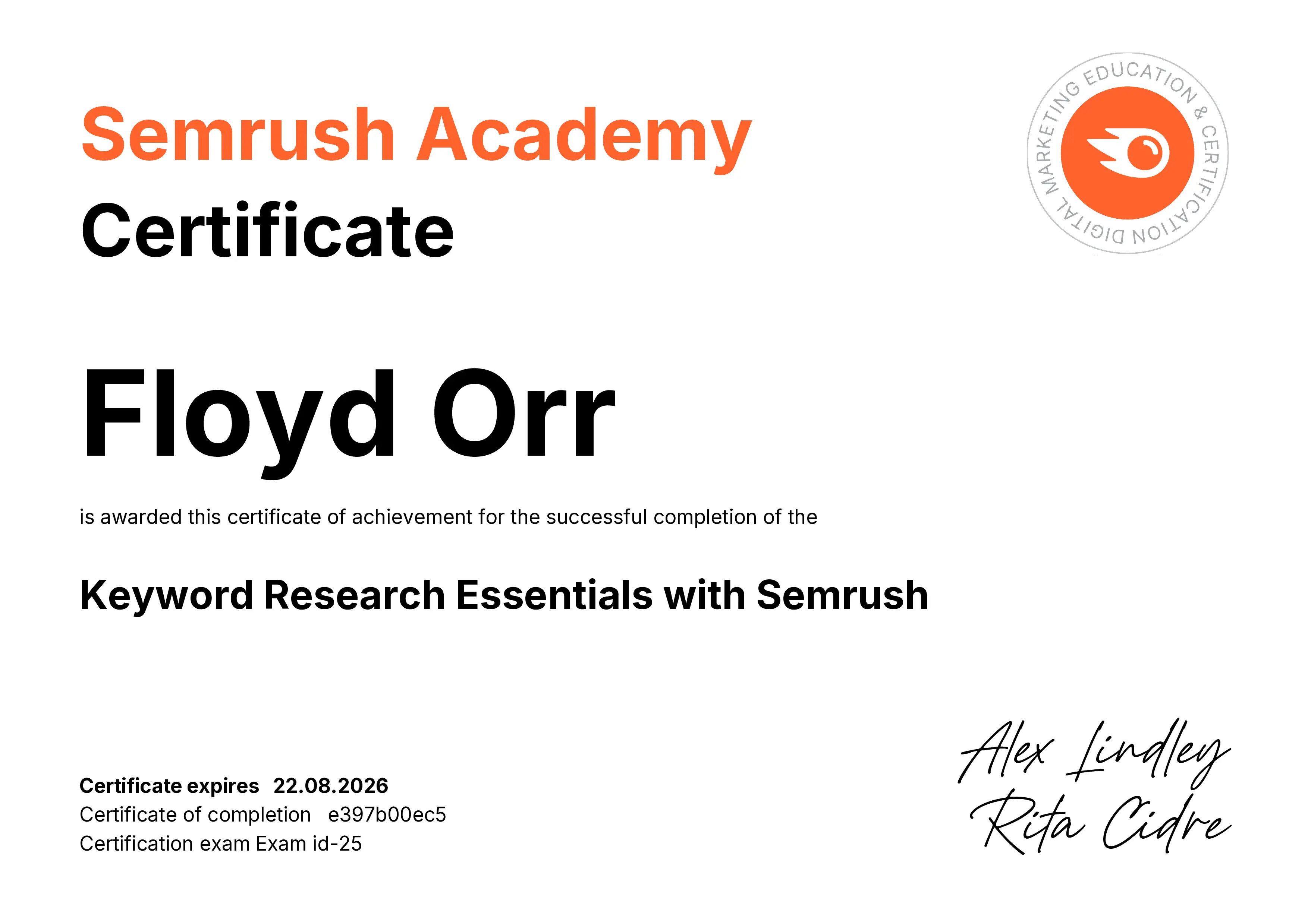 SemRush Keyword Research Essentials Certification in progress