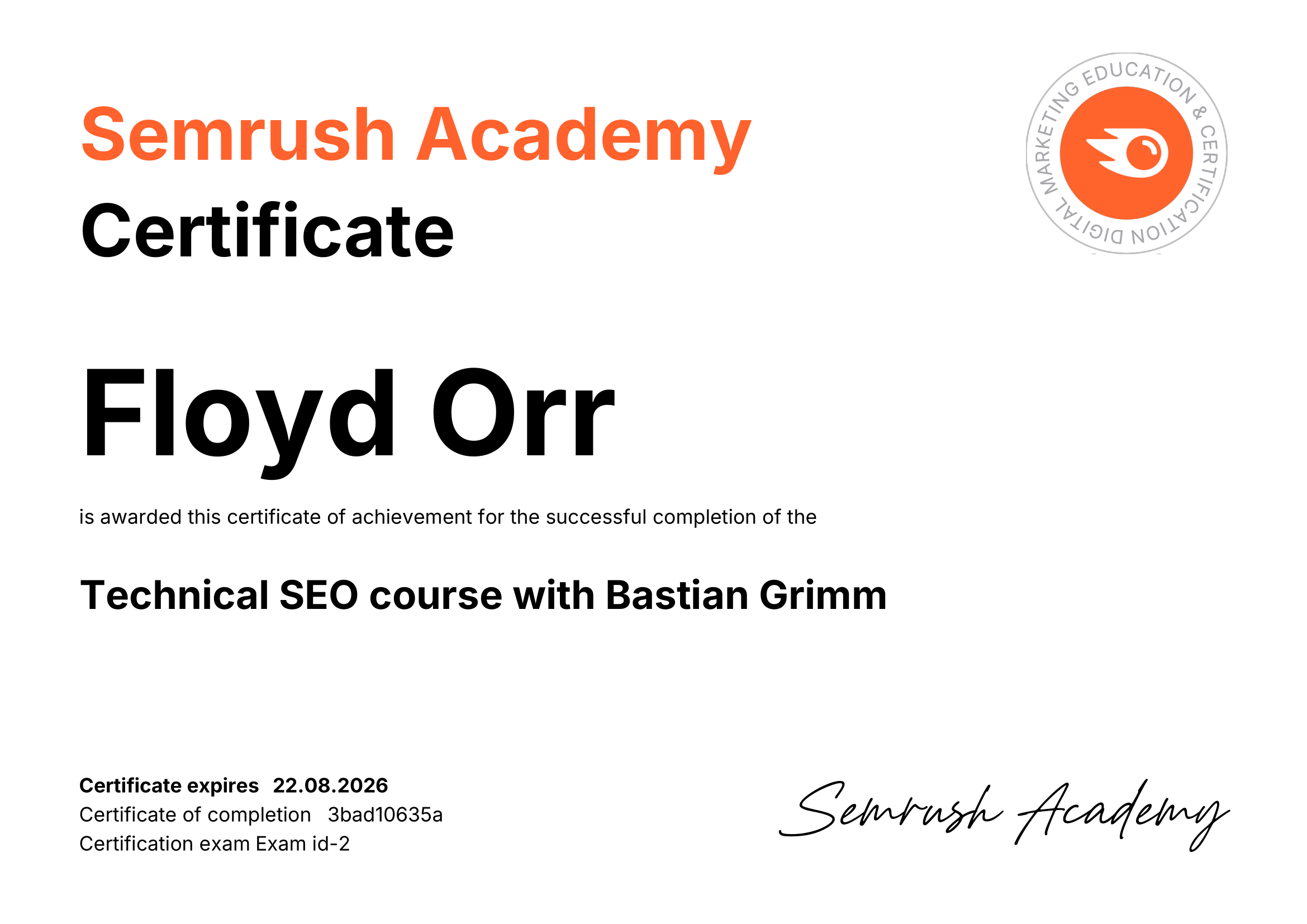 SemRush Technical SEO Certification in progress